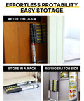 Sixteen Point Five Foot Aluminum Telescoping Ladder With Extra Replacement Non Slip Rubber Covers Beefy 330 Pound Load Capacity Foldable Multi Purpose Ladder For RV Outdoor DIY Projects shown stored behind door, in rack, beside refrigerator