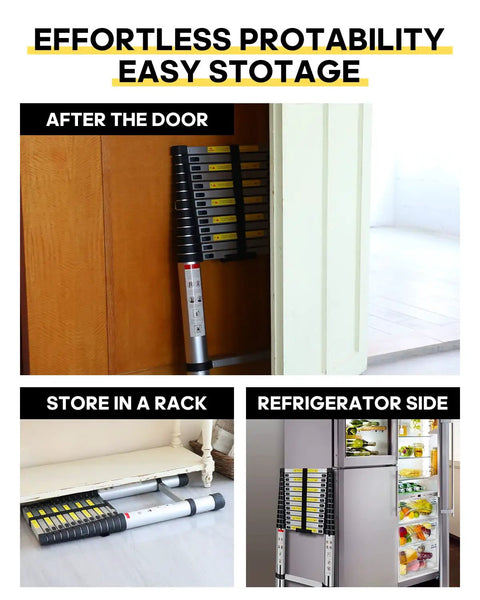 Sixteen Point Five Foot Aluminum Telescoping Ladder With Extra Replacement Non Slip Rubber Covers Beefy 330 Pound Load Capacity Foldable Multi Purpose Ladder For RV Outdoor DIY Projects shown stored behind door, in rack, beside refrigerator