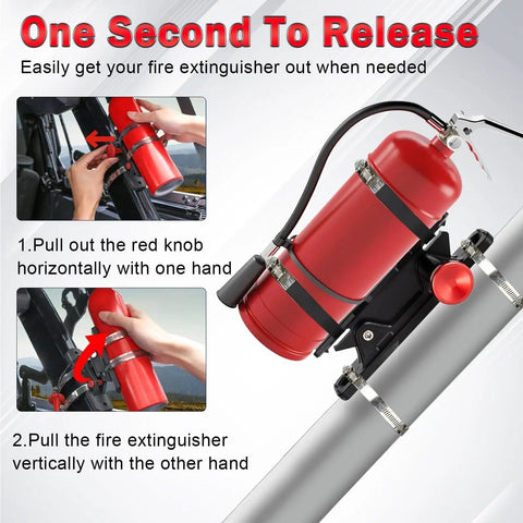 Quick Release Fire Extinguisher Mount Bracket For Jeep Wrangler TJ JK JL JKU And Universal UTV Roll Bar Aluminum Holder in use