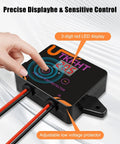 Badass Waterproof Dc 12-36V Low Voltage Protector And Battery Disconnect Switch For Solar Systems Lead Acid Lithium Batteries, showing LED display and wiring connections.