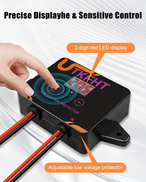 Badass Waterproof Dc 12-36V Low Voltage Protector And Battery Disconnect Switch For Solar Systems Lead Acid Lithium Batteries, showing LED display and wiring connections.