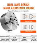 Diagram showing the Three Jaw Self Centering Lathe Chuck 10 Inch With 0.24 To 9.84 In Clamping Range, highlighting dual jaws design.