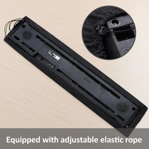 Stretchy 88 Key Digital Piano Dust Cover Protects Your Keyboard From Dust And Spills Water Resistant Snug Fit For 55 By 17.3 By 7.5 Inches Includes Handy Storage Bag For Easy Travel And Home Studio Gig Ready, showing backside with elastic rope detail.