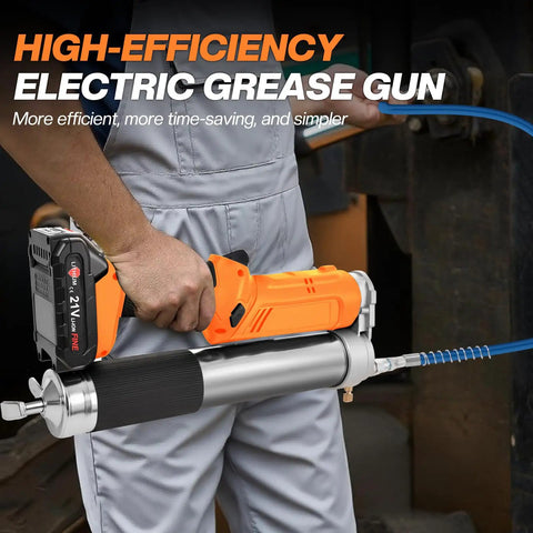 Cordless Electric Grease Gun Kit With Dual 2.0Ah Batteries And Bright LED Light, 12,000 PSI, shown in use for lubrication