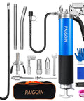 Front view: PAIGOIN grease gun kit with pistol grip, 14 oz, 8000 PSI, 19 in & 28 in hoses, tips, adapters, gloves, case