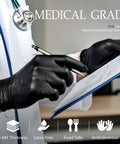Top Tier Built Tough 6 Mil Black Nitrile Gloves 100 Pack Large worn by a doctor writing on a clipboard in a medical setting.