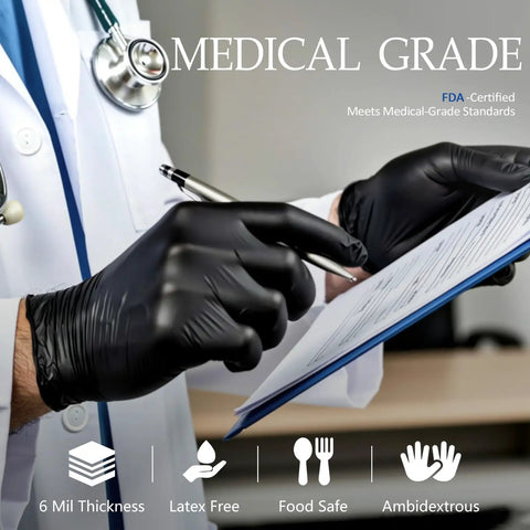 Top Tier Built Tough 6 Mil Black Nitrile Gloves 100 Pack Large worn by a doctor writing on a clipboard in a medical setting.