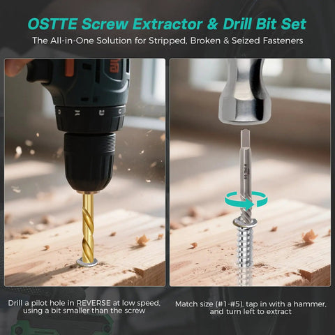 Bolt Extractor Kit And Screw Extractor Set With 40 Left Hand Heavy Duty Cobalt Drill Bits And Easy Out in use on wood surface
