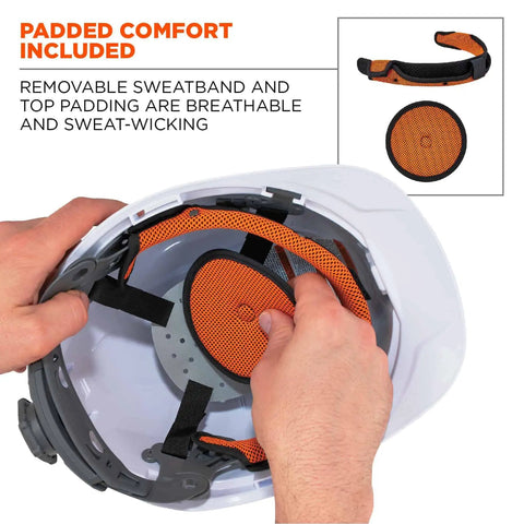 Person adjusting Skullerz 8973LED White vented hard hat with light, full brim style, showing ratchet suspension and removable padding.