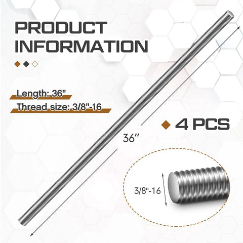 Four 3/8-16 Fully Threaded Rods, 36-Inch Long Stainless Steel Fasteners, 304 Grade, Right-Hand Threads shown with length and thread size details.