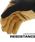 Close-up of large brown and black EN 388 rated M-Pact Leather Gloves with impact protection and durable Durahide palm