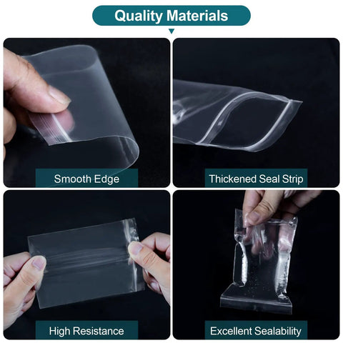 Close-up of quality materials in Five Size Clear Plastic Bags Mega Pack 500 Pcs In 5 Assorted Sizes With 100 Each Resealable Poly Bags.