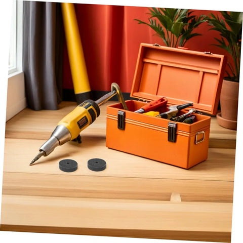 Six Pack Pro Nylon Polishing Wheels Set Featuring 75mm Size And 10mm Hole positioned near a toolkit on wooden surface.