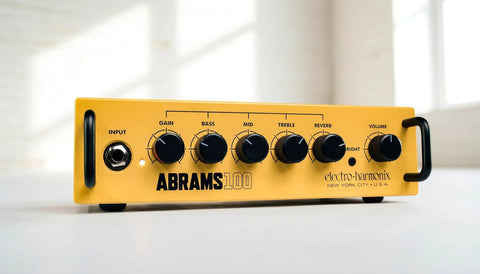 Abrams100 100W Guitar Amp Head With Class D Power, Ultra Lightweight, black and yellow front view, knobs for gain, EQ, reverb, volume