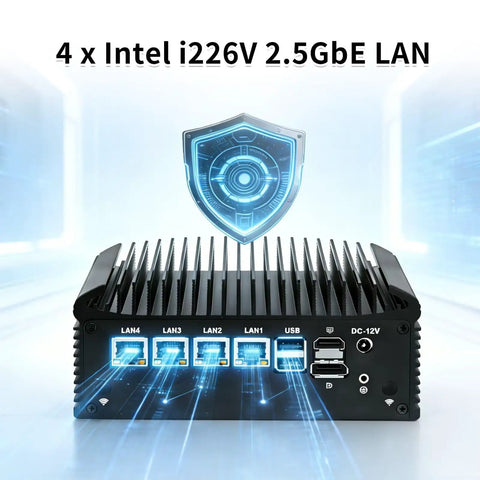 N150 Firewall Mini PC Crushing Network Tasks With 4X 2.5GbE i226V LAN And RS232 COM showing ports and cooling fins.