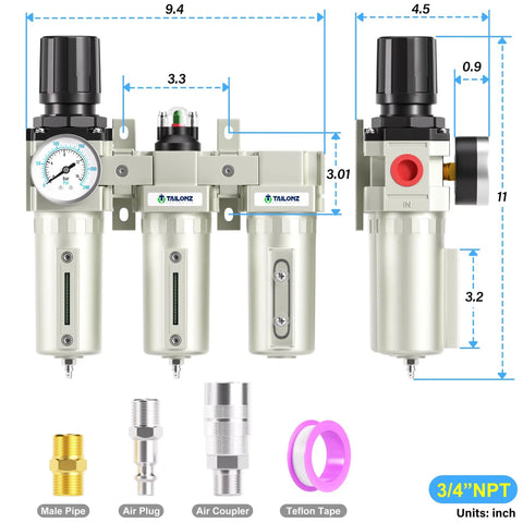 Front view of Beefy Heavy Duty 0 to 240 PSI Three Quarter Inch NPT Air Drying System with filtration units and accessories.