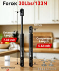 Pair Of 7.5 Inch Gas Struts With 30 Pound Force, showing length details and installation hardware on a kitchen counter.