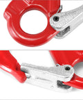 Close-up of Clevis Slip Hook G80 Rotary Eye Hoist with lock, showing the red forged steel body and wide opening for easy rope insertion.