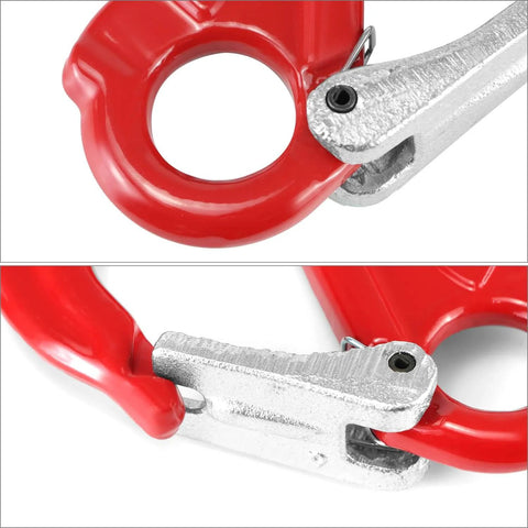 Close-up of Clevis Slip Hook G80 Rotary Eye Hoist with lock, showing the red forged steel body and wide opening for easy rope insertion.