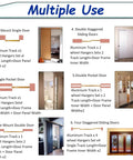 Diagram showing multiple uses of Pro Grade Sliding Barn Door Hardware Kit For Two Doors, Double Track System with diagrams of door setups.
