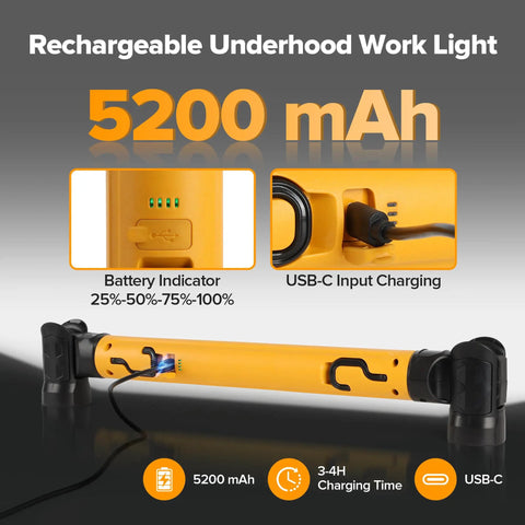 Close-up of yellow 3000LM LED Work Light With Magnetic Under Hood Mount, showing battery indicator and USB-C charging port.