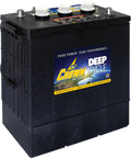 Four Pack Of Six Volt Flooded Lead Acid Deep Cycle Batteries Pumping Out Three Zero Five Amp Hours Of Serious Juice For Solar Ev Fleet Trucks Industrial Movers And Backup Power Setups shown from side with terminals.