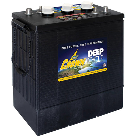Four Pack Of Six Volt Flooded Lead Acid Deep Cycle Batteries Pumping Out Three Zero Five Amp Hours Of Serious Juice For Solar Ev Fleet Trucks Industrial Movers And Backup Power Setups shown from side with terminals.