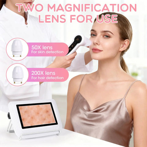 5 Inch Digital Scalp Camera For Skin Health Analysis With 50x And 200x Lenses in spa setting with model and screen display