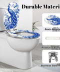 Elongated Chinoiserie Blue Peacock Floral Design Traditional Toilet Seat on white toilet, featuring resin material and stainless steel hinge.