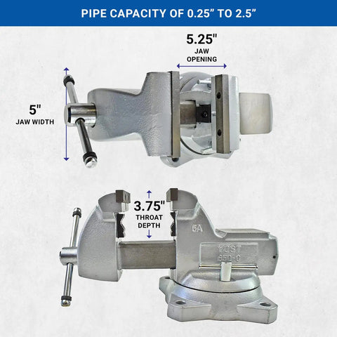 650 C Mechanics Vise with 5 Inch Jaw Width beefy build, enclosed lubricated main screw, large anvil surface in silver