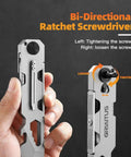 EDC pry bar multitool in grey aluminum, front and side views showing bi-directional ratchet screwdriver.