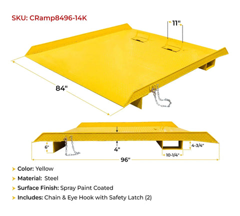 Tough As Nails Heavy Duty 84 By 96 Inch Shipping Container Loading Ramp with yellow steel surface and safety chain.