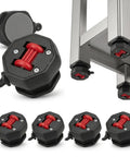 Snap In No Sweat Silent Swivel Caster Wheels For Bedroom Dressers And Kitchen Islands Super Smooth Floor Glide Heavy Duty 44 Lbs Per Wheel Quick Peel And Stick Setup Compact Mini Rollers Four Pack Matte Black showing close-up of wheels and their attachment to furniture.