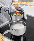 Tri Ply Stainless Steel Sauce Pan With Steamer Basket 1.5 Quart Induction Ready Nonstick Pot with vegetables being steamed