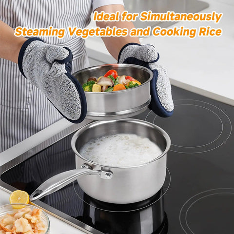 Tri Ply Stainless Steel Sauce Pan With Steamer Basket 1.5 Quart Induction Ready Nonstick Pot with vegetables being steamed