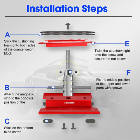 Installation diagram for Beefy Aluminum RC Car Work Stand With 360 Degree Rotation Screw Tray showing step-by-step assembly details.