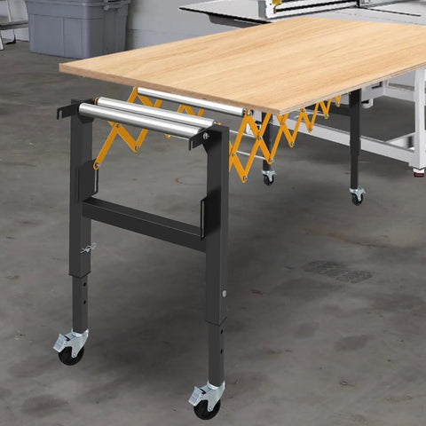 Heavy Duty Adjustable Roller Conveyor Stand With 18 Inch Wide Belt And Locking Swivel Casters supporting a wooden tabletop.