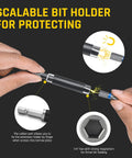 Hands holding scalable bit holder from 43 Piece Screwdriver Bit Set With S2 Steel, demonstrating protective function.