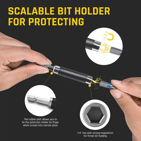 Hands holding scalable bit holder from 43 Piece Screwdriver Bit Set With S2 Steel, demonstrating protective function.