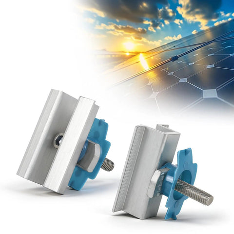 Heavy Duty Kickass Solar Panel Clamps With Bolt Nuts Corrosion Proof Aluminum Mid Mount Brackets close-up view with blue nuts.