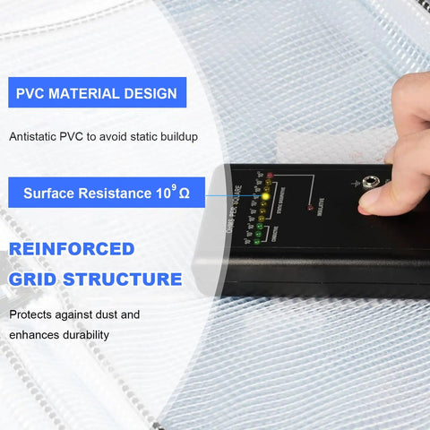 Close-up of Heavy Duty Pvc Antistatic Backpack With Spacious Transparent Front Panel Ergonomic Tool Pack showing PVC material design and surface resistance.