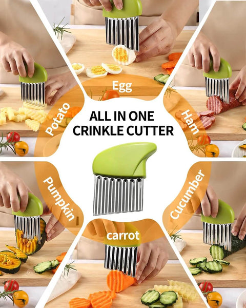 Green-handled stainless steel crinkle cutter for potatoes, carrots, eggs and other vegetables.