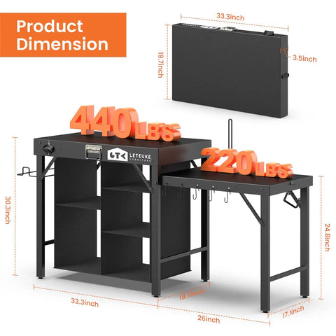 Portable Grill Table For Blackstone Griddle And Ninja Fits Foldable Prep Table dimensions and weight capacity labeled.