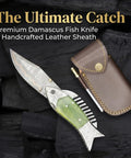 Fish Style Copper Damascus Folding Knife With Ladder Pattern Blade, Brass Engraved Handle, Leather Sheath, EDC Camp Knife Gift
