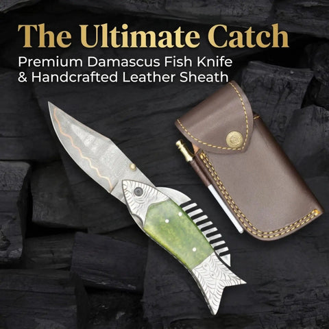 Fish Style Copper Damascus Folding Knife With Ladder Pattern Blade, Brass Engraved Handle, Leather Sheath, EDC Camp Knife Gift