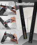 1 Pair Beefy Soft Close Drawer Slides Rails showing rail width, thickness, and material in black.