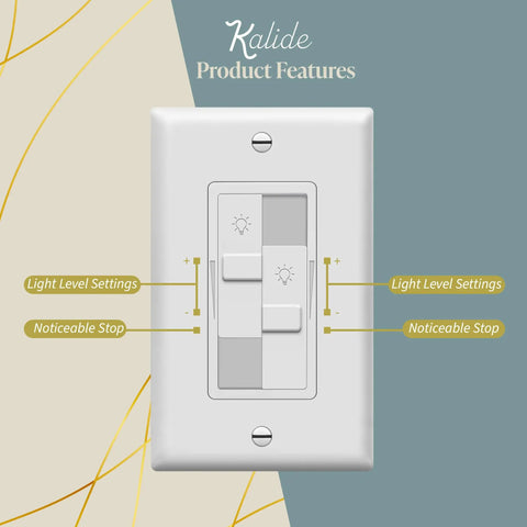 Kalide Dual Load Dimmer Light Switch With Full Range Dimming For LED And CFL Bulbs, white finish, feature diagram.