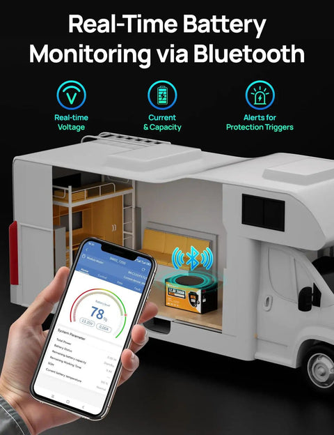 Bluetooth app monitoring Beefed Up 12V 280Ah LiFePO4 Battery With Metal Case Bluetooth Low Temp Protection Built In 200A BMS in RV.