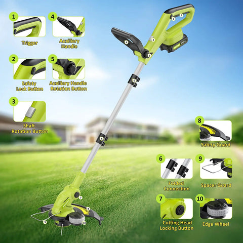 Cordless 20V Weed Wacker String Trimmer and Edger 2 in 1 with Wheel, 12 Inch cutting width, showing design and components
