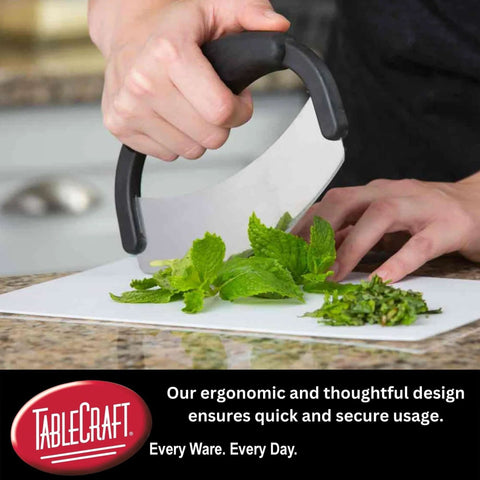 TableCraft H6610 mezzaluna with black handle and curved stainless steel blade for chopping herbs.